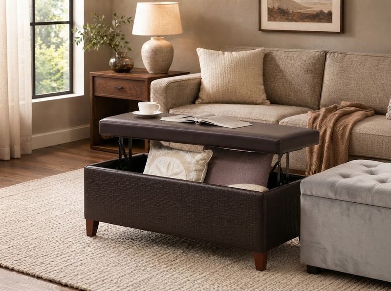 Faux-leather lift-top bench at the foot of a bed, top raised, laptop open on t