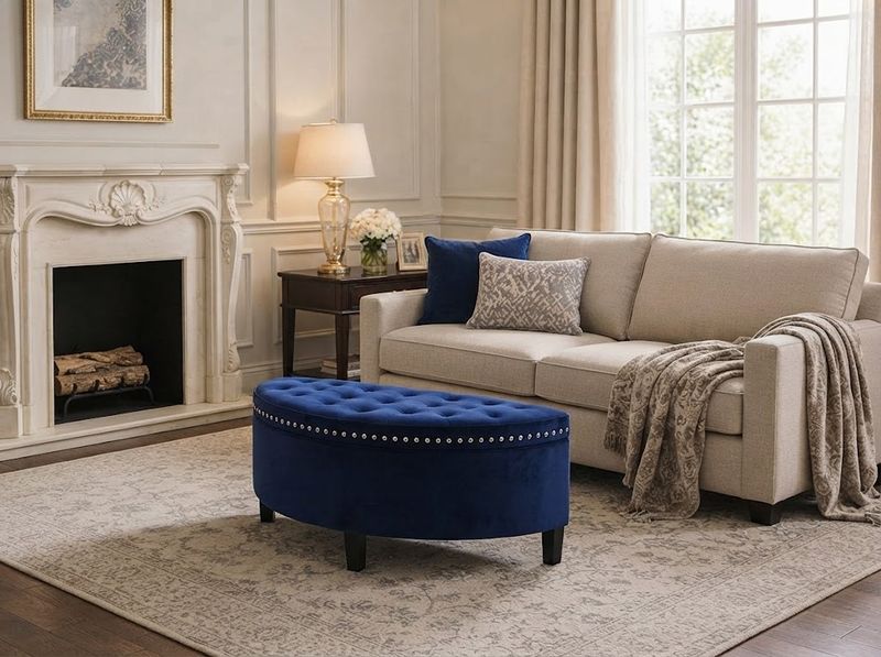 Navy half-moon storage bench in a hallway, child closing the tufted lid, boots