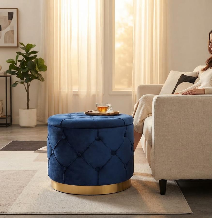 Homebeez 19-inch Round Velvet Storage Ottoman