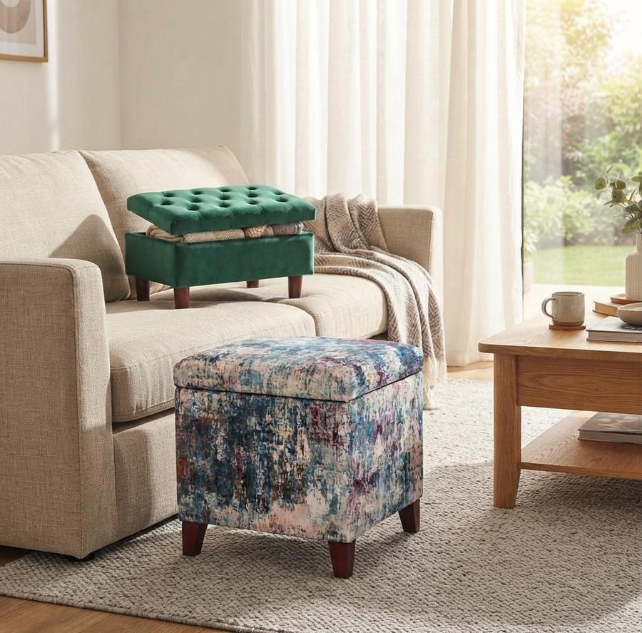 Colorful button-tufted velvet cube ottoman pulled out from under a console tab